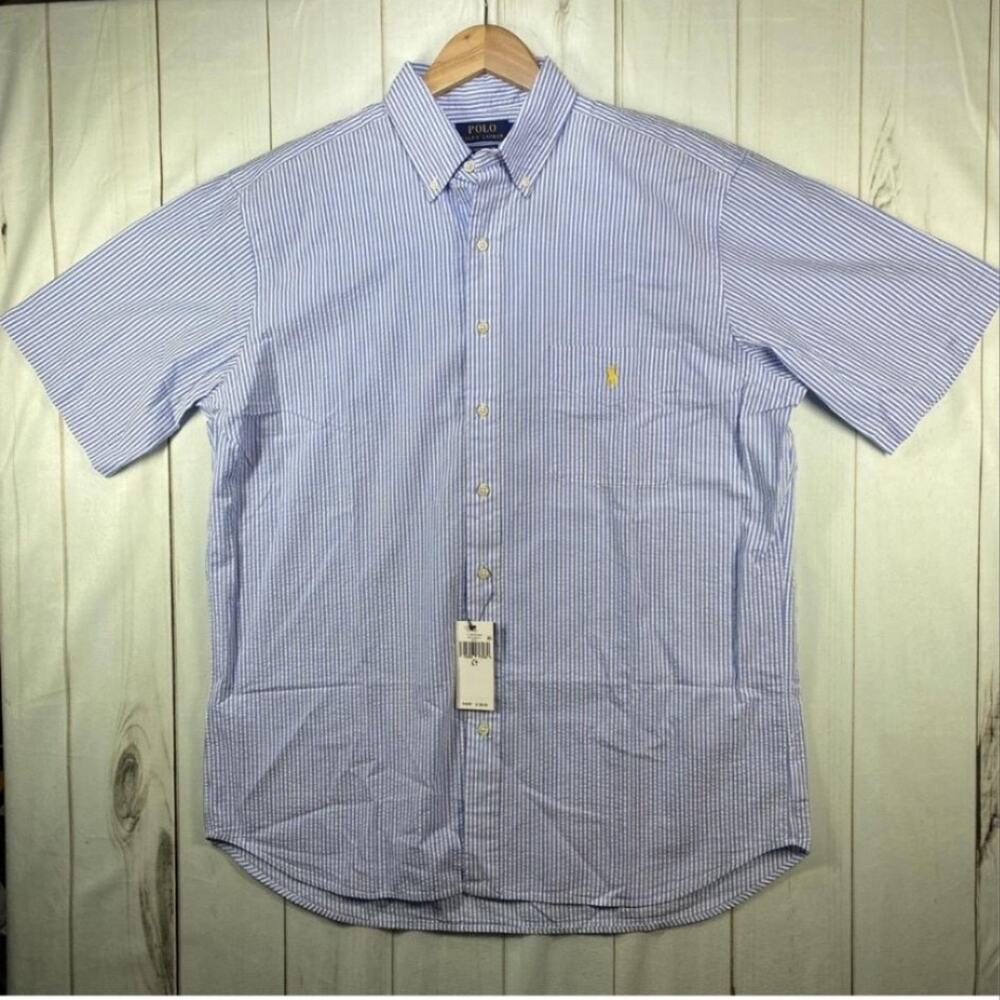 PRL Seersucker Blue Striped Short Sleeve Shirt Mens Large Tall Polo Ralph Lauren - Picture 2 of 11